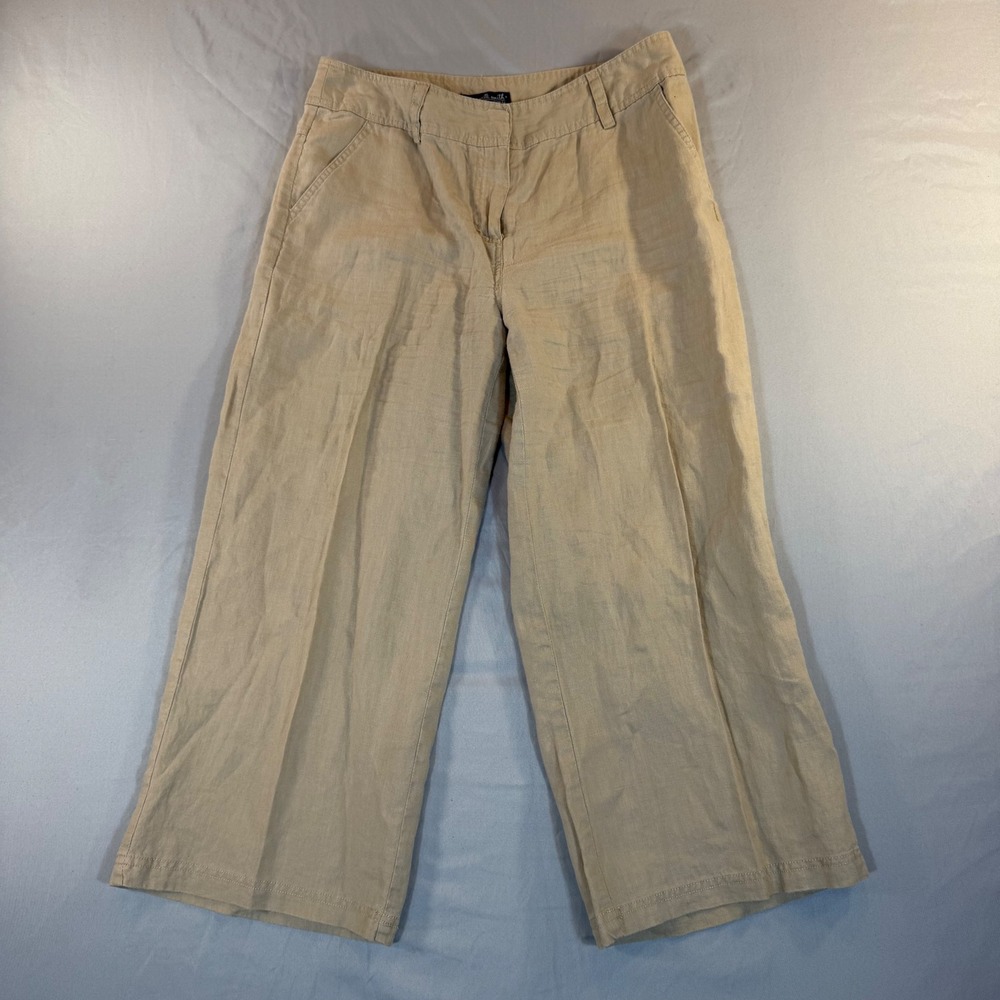 100% Linen Wide Leg Cropped Pants Tan Khaki Womens 8 Coastal Grandmother Resort
